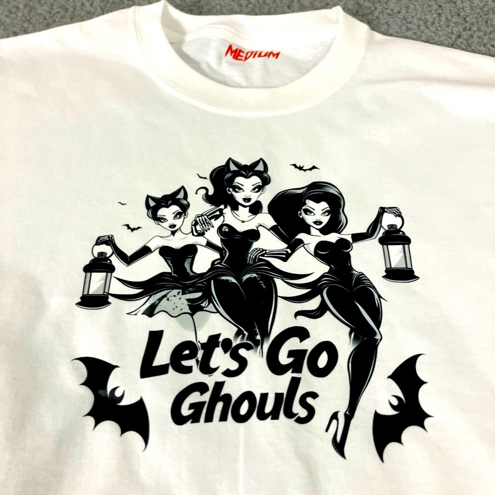 Let’s Go Ghouls Ladies Halloween Party Trick O Treat White Tee